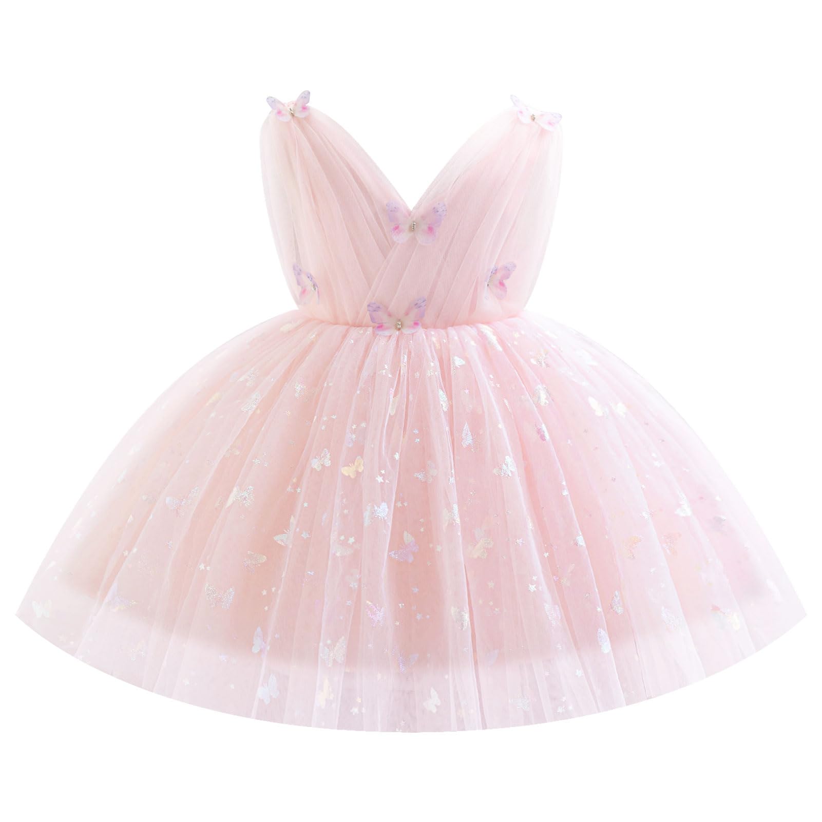 Baby Girl Butterfly Shiny Formal Wedding Dress Princess Ruffle Tulle 1st Birthday Toddler Tea Party Pageant Ball Gown