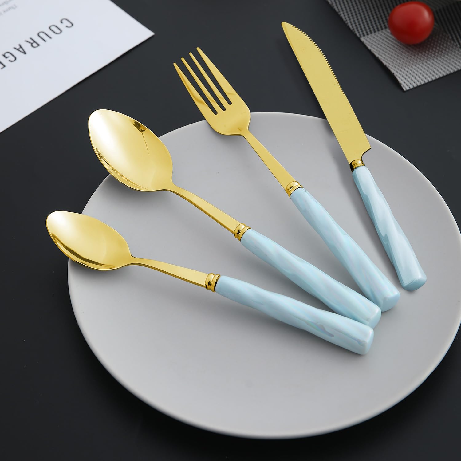 HOKIPO 410SS Mirror Finish 24Pcs Gold Cutlery Set with Ceramic Handles, Blue (AR-5065-BL)