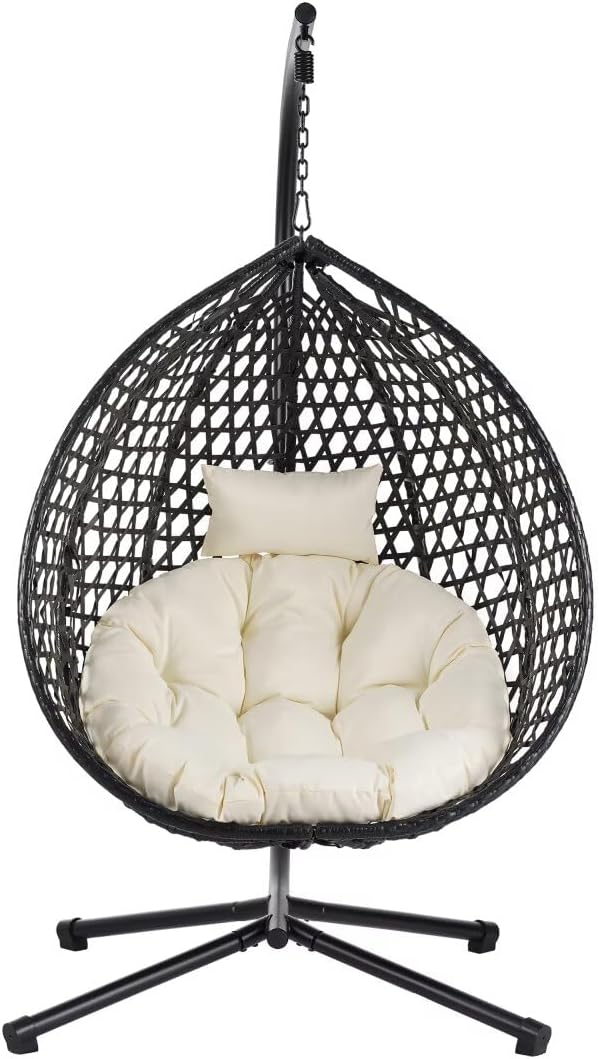 Hanging Egg Chair with Stand, Patio Hammock Egg Swing Chair with Cushion for Bedroom Garden Indoor Outdoor (Black+Beige)