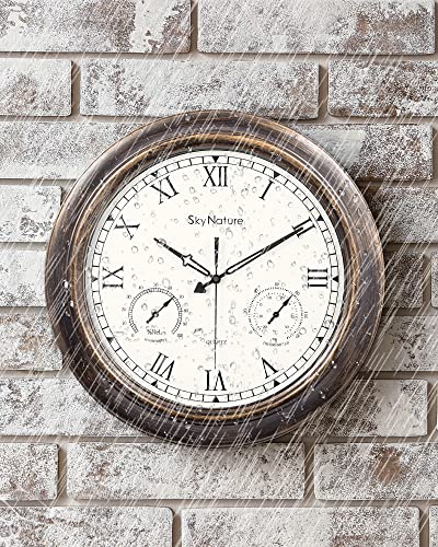Skynature Waterproof Outdoor Clock, 18 Inch Large Outdoor Clocks With Thermometer & Hygrometer Combo, Silent Battery Operated Metal Wall Clock For Living Room, Patio, Garden, Pool Decor - Bronze #TOP5