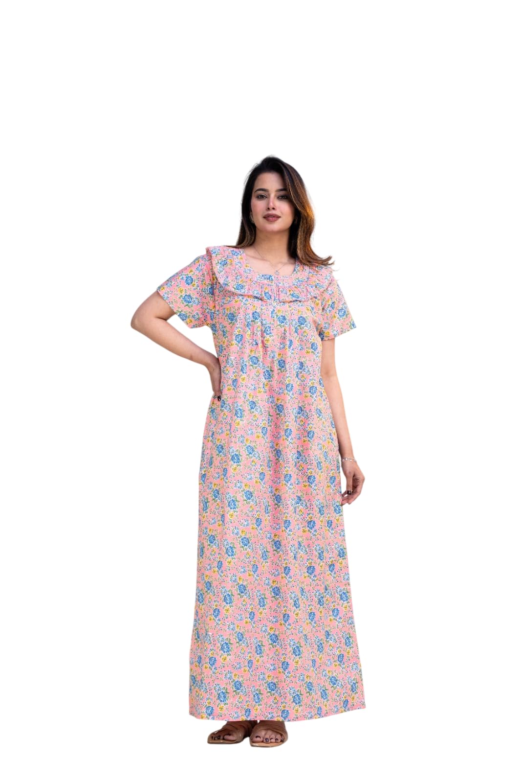 Women Cotton Frill Design Nighty Maxi Dress | Short Sleeve Round Neck Lounge Wear | Comfortable Long Night Gown for Women-picture-11