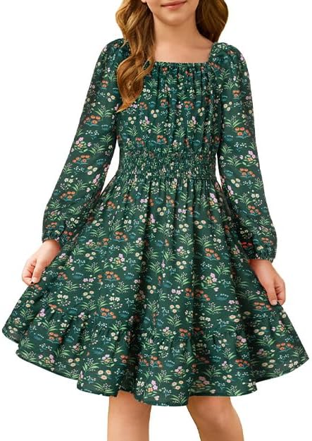 GRACE KARIN Girls Fall Dress Floral Long Sleeve Midi with Smocked Waist for Holiday Party 6-14Y