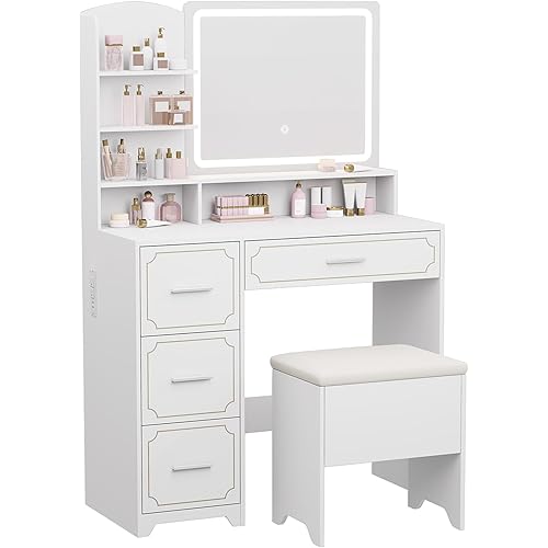 Vanity Table with LED Mirror & Power Outlet - 5 Open Shelves, 4 Drawers - Includes Padded Stool - Ideal Bedroom Makeup Dressing Table （White）