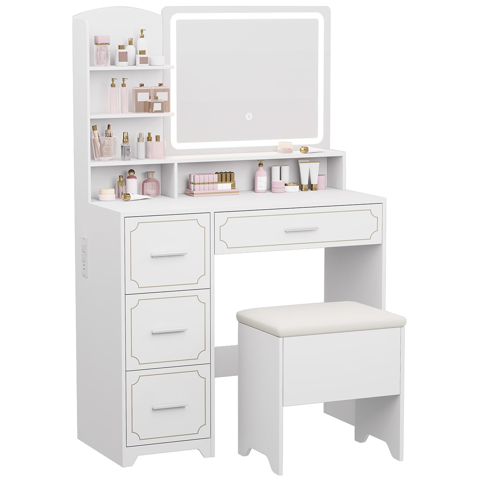 Condition photo showing New/Like New for Vanity Table with LED Mirror & Power Outlet - 5 Open Shelves, 4 Drawers - Includes Padded Stool - Ideal Bedroom Makeup Dressing Table White