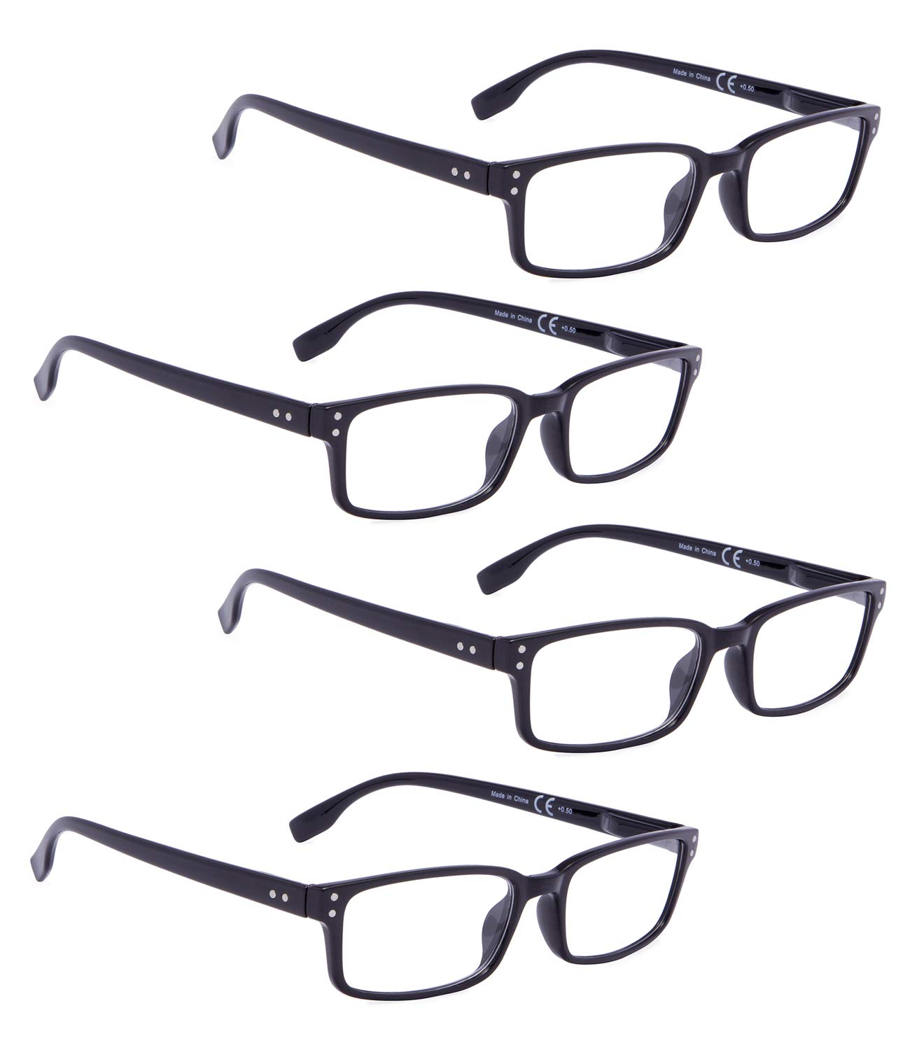 LUR READING GLASSES 4 pack Stylish Rectangular Frame Readers (Black, +1.25)