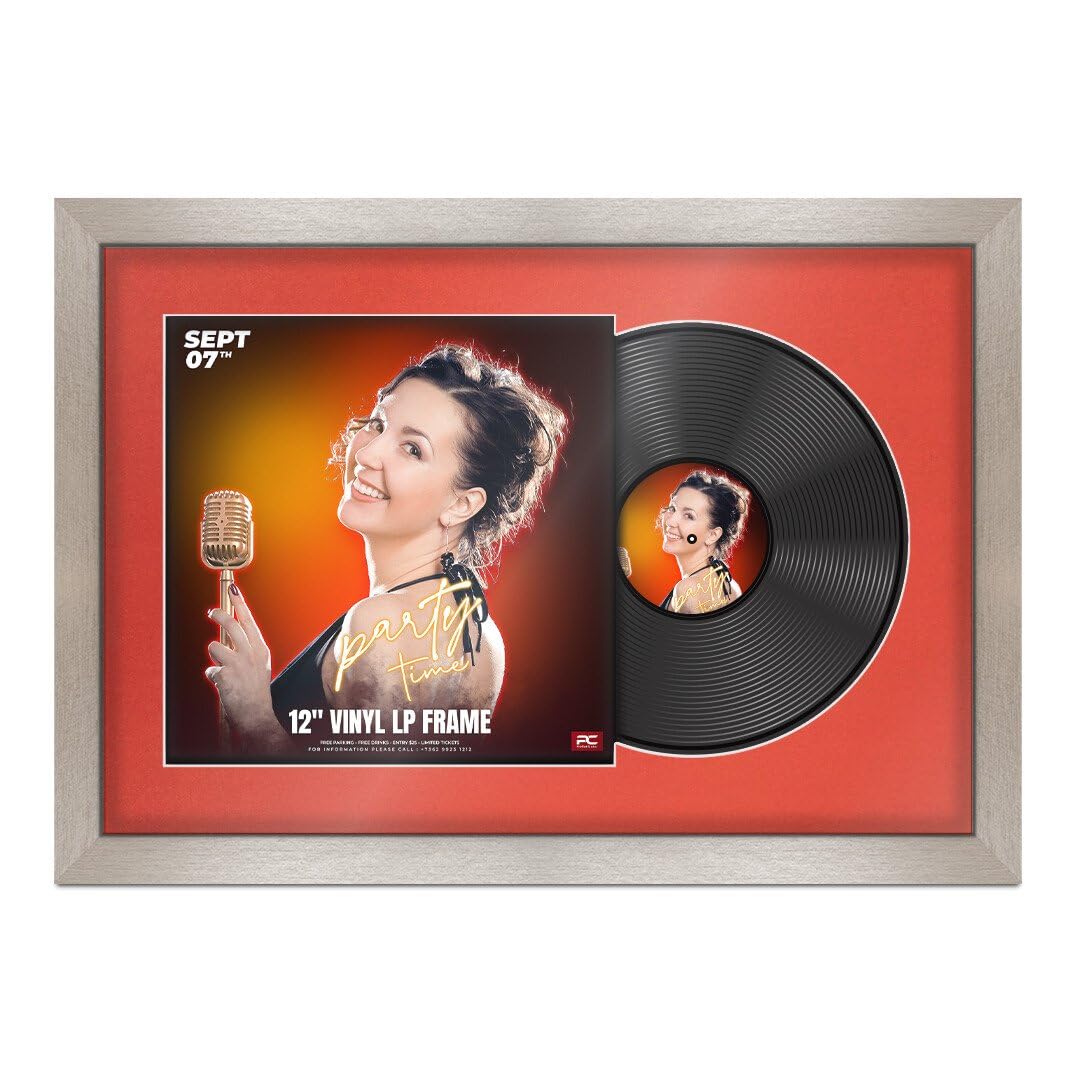 Procut Global 25x17" Aluminium Vinyl Record Frame for 12 Inch LP Cover & Disc - Display Modern Photo Frame with Overlapped Design-Engineered Wood, Shatterproof Perspex - Poppy Red Mount