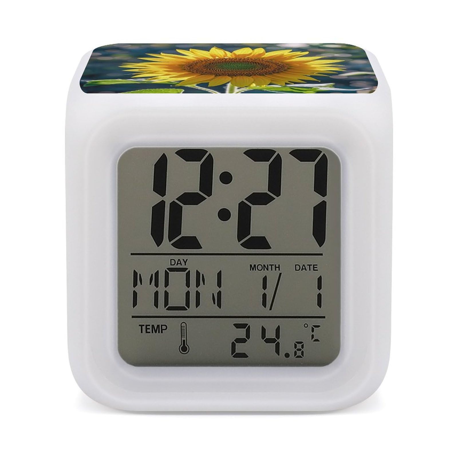 LZQPOEAS Night Sunflowers Alarm Clock Desk Clock with 7 Color Changing Night Light Digital Clocks with Temperature Display Sleep Training and Sound Machine for Heavy Sleeper