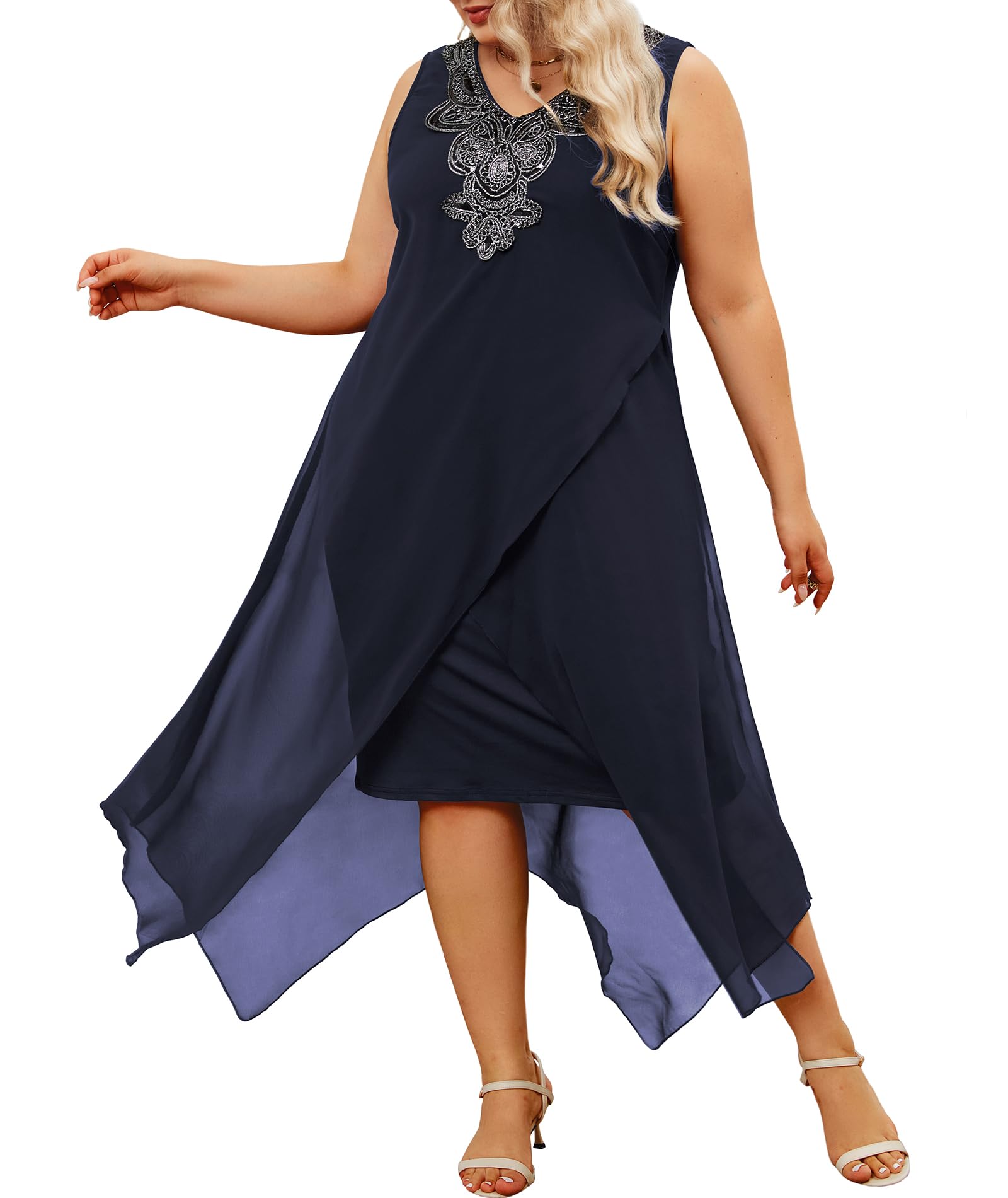 Condition photo showing New/Like New for Size Large Womens Plus Size Chiffon Dress Loose Sleeveless Flowy Cocktail Party Midi Dresses