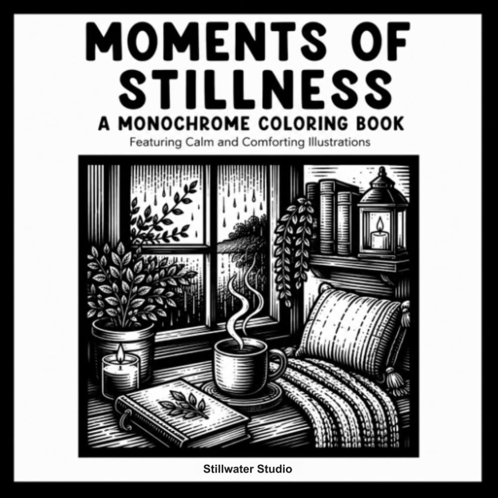 Moments of Stillness: A Monochrome Coloring Book for Adults and All Ages Featuring Calm and Comforting Illustrations