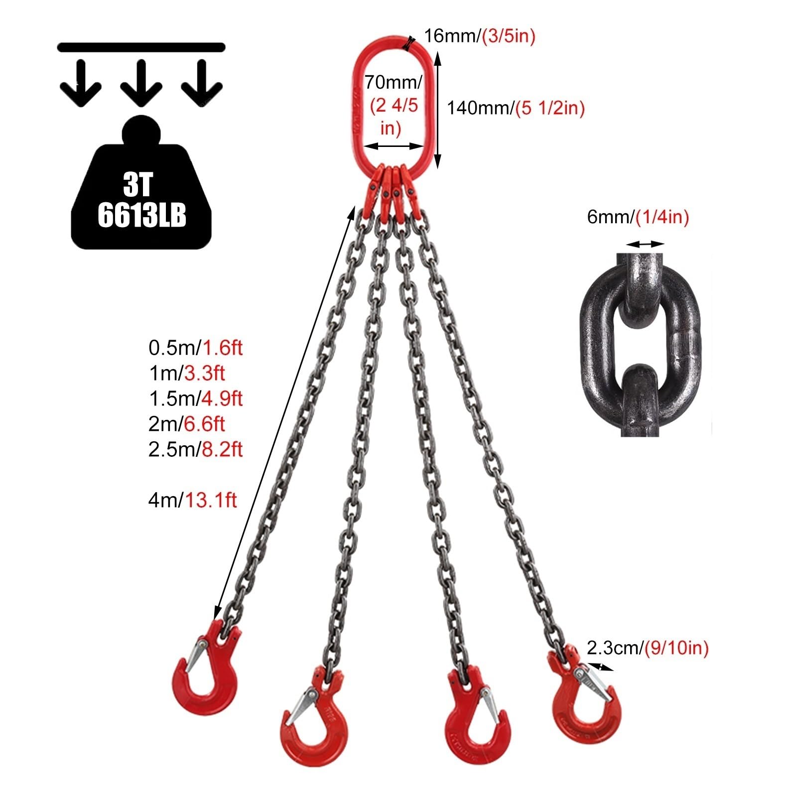 Lifting Slings Heavy Duty Chain, Maximum Load 3 Ton Lifting Chain with Locking Hooks for Forklift Hoist Crane, G80 Mn Steel Chain Sling Industrial Quality(Load 3 Ton L 1.5 M (4.9 FT) 4 Hook)