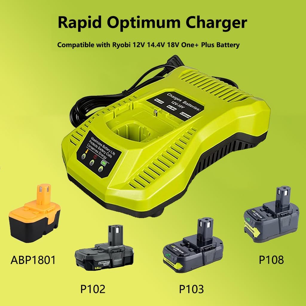 2Pack 4000mAh Battery Charger P108 Replacement for Ryobi 12V-18V ONE+ Lithium, NI-CD & NI-MH Battery and P117 Charger Combo CompatibleP102 P103 P104 P105 P107 P109 Cordless Tool