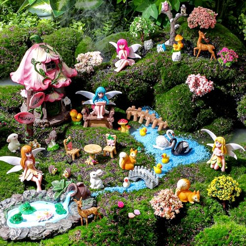 Poen 106 Pcs Fairy House Garden Figurines Kit Resin Fairy