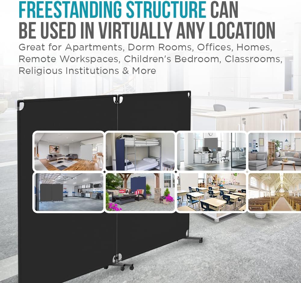 Steel-AID 50-inch Rolling Privacy Room Divider - Freestanding Office Wall Partition with Non See-Through Blackout Screen - Sturdy & Durable Iron Frame - Rolling Wheels - Black, White, Gray & Blue