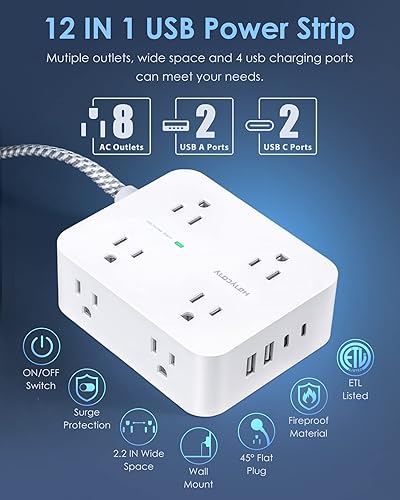 Miniatura 2 de Regleta protectora de sobretensiones de 6 pies con USB C, cable de extensión HANYCONY con 8 salidas (2.2 pulgadas), 4 puertos USB (2 USB C), enchufe