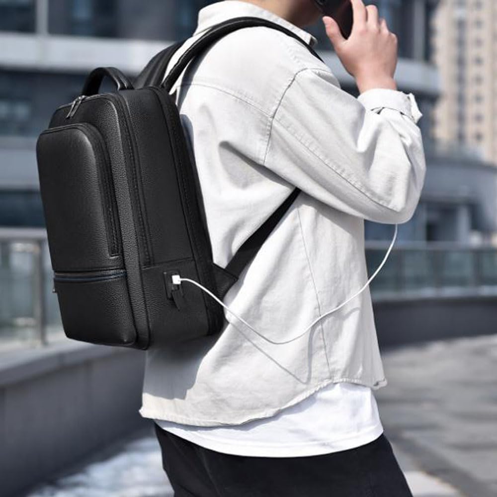 CHAO RAN Leather Laptop Backpack for Men Fit 15.6 Inch Laptop, Business Work Office College Medium Backpack with USB Charging Port, Waterproof Black Travel Bag (Black01)