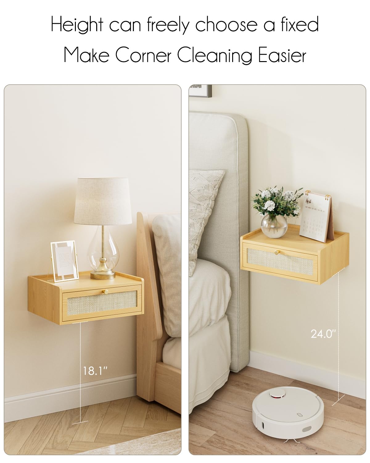 Mesita de noche flotante, mesita de noche montada en la pared con cajón, pequeños estantes flotantes, mesita de noche de madera flotante para dormitorio, sala de estar, baño 5