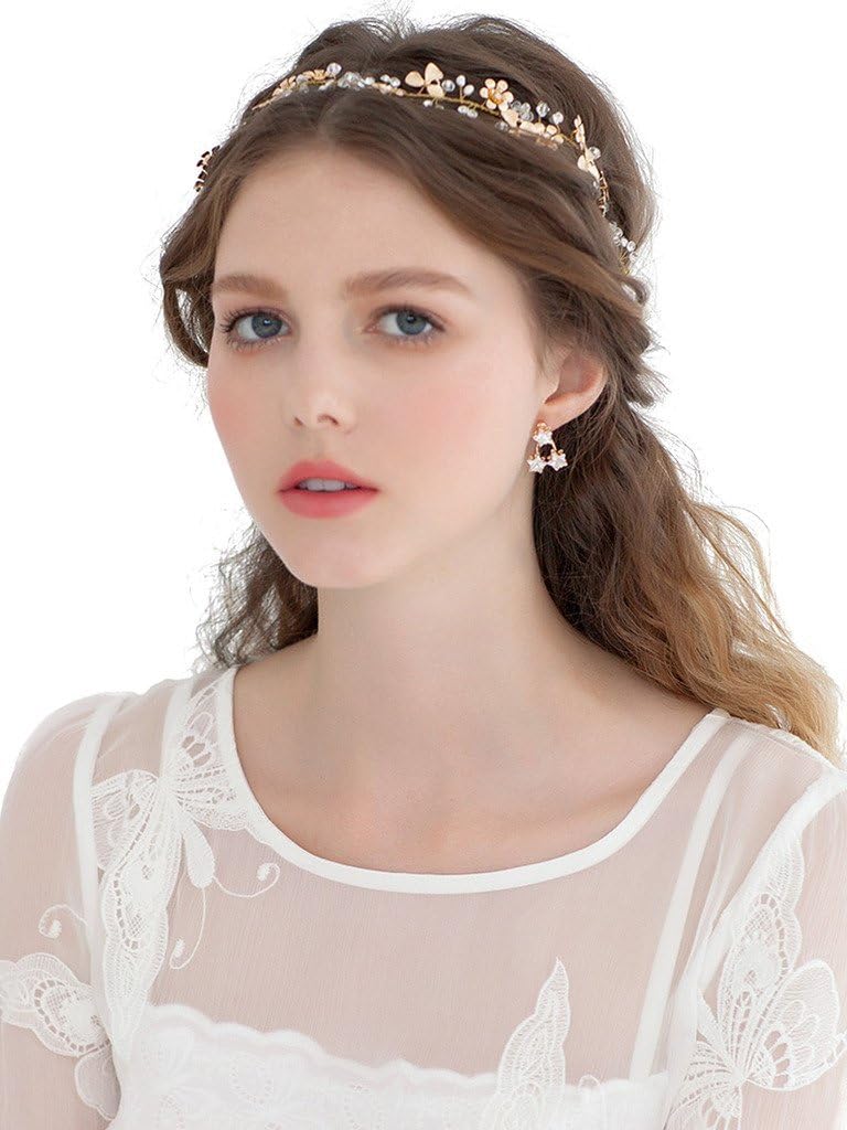 Women's Gold Pearl and Rhinestone Ribbon Tie Bendable Wedding Hair Band