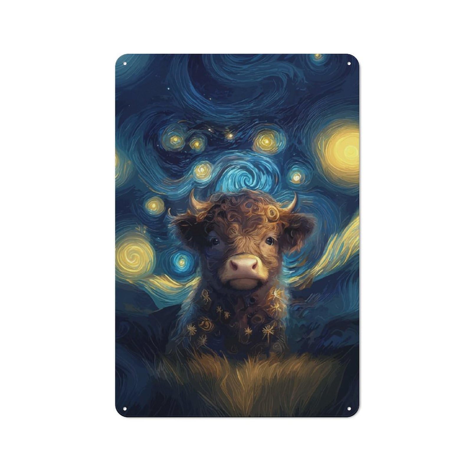 Junmoney Starry Night Highland Cow Vintage Metal Sign 30X20cm For Workshop Wall, With Clear Vintage Wall Decor Character