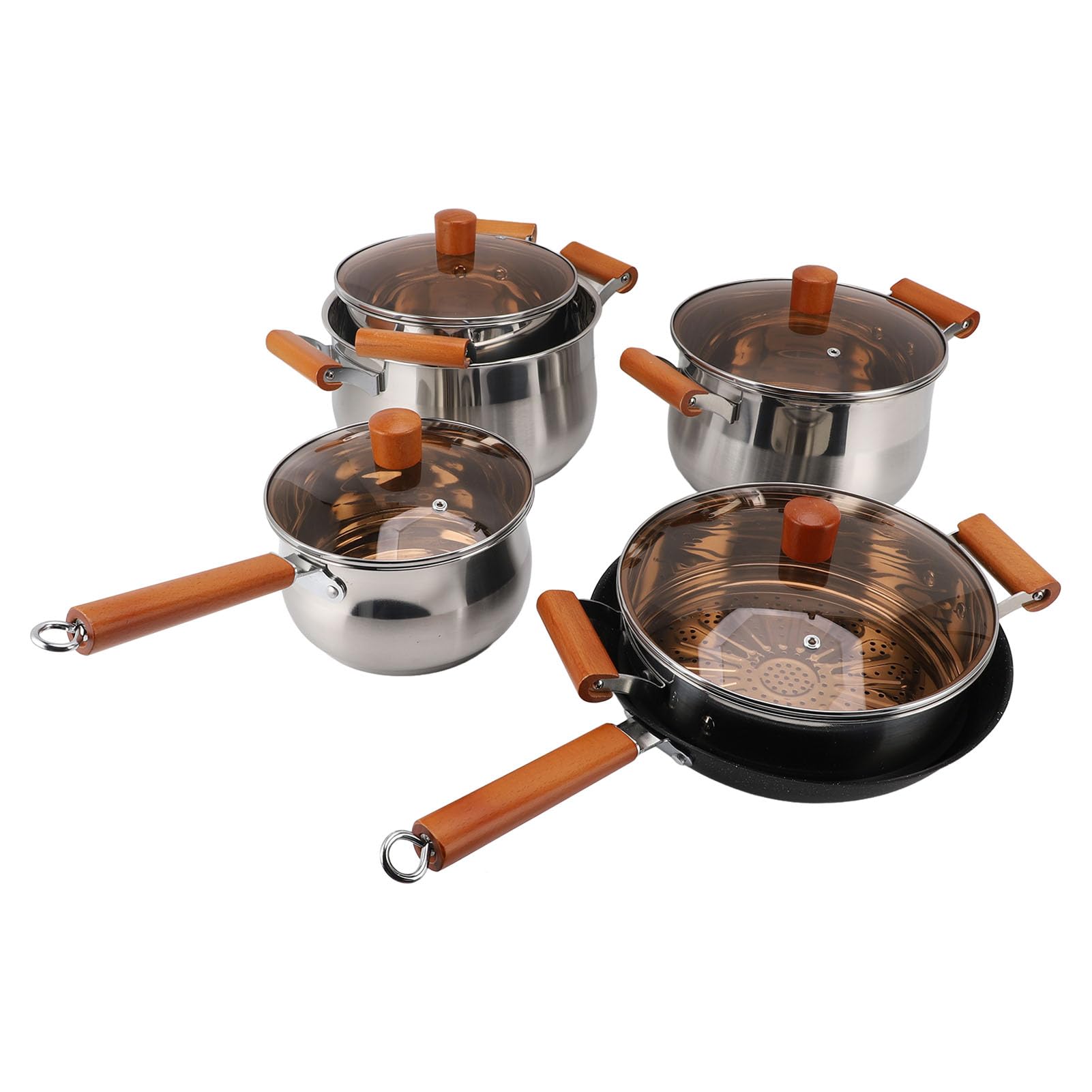 Juego de utensilios de cocina profesionales de acero inoxidable con mangos de madera, ollas y sartenes de cocina de 5 piezas para cocinar sopa hirviendo al vapor, utensilio