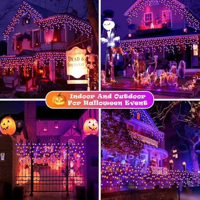Halloween Lights Outdoor Decorations, 640 LED 66FT Orange and Purple Light, 8 Modes Plug in 120 Drops Ice String Lights with Timer Memory Function Hanging Light for Halloween Party Decor