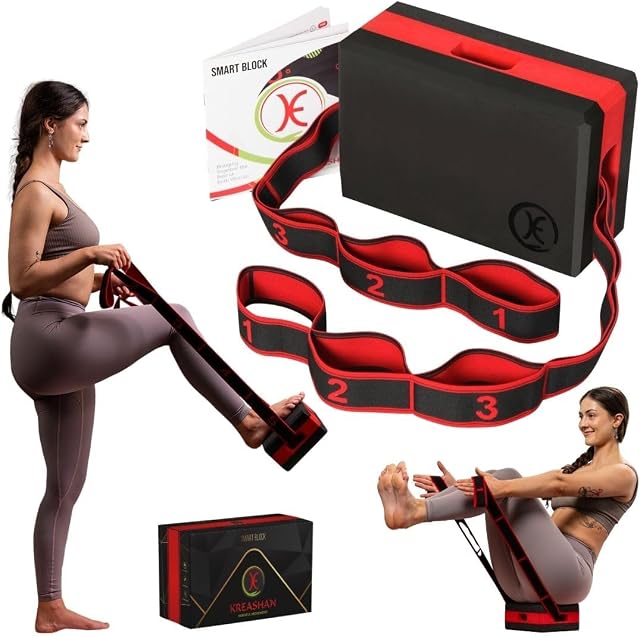 Yoga Block and Strap Set - Non Slip EVA Foam Brick with Detachable 11 Loop Resistance Strap, Use Together or S