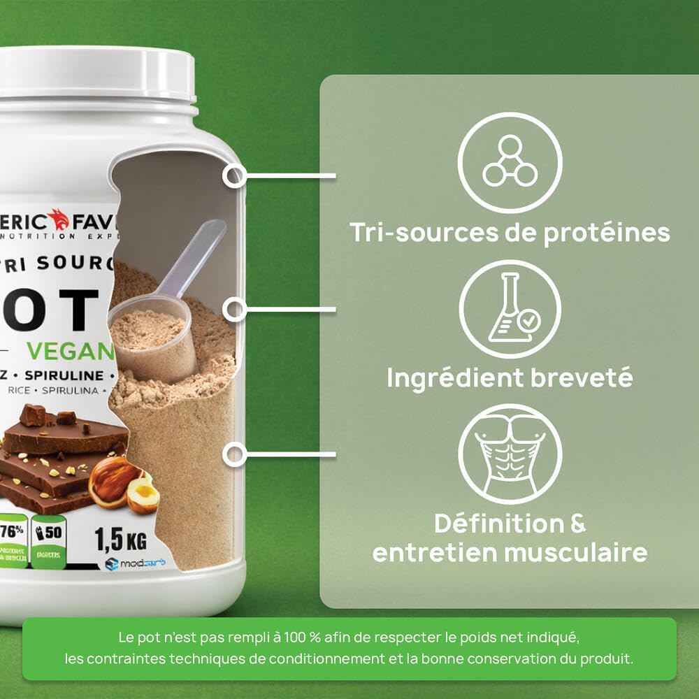 PROTEINES VEGAN TRI-SOURCE - Protéines Végétales Vegan Savoureuses Pour le Développement Musculaire - Riz Spiruline Pois - Assimilable Rapidement - 1,5kg - Saveur Vanille - Eric Favre