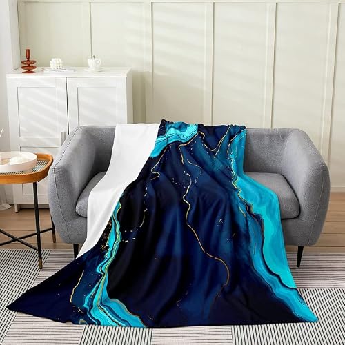 Teal Blue Marble Flannel Fleece Throw Blanket,Modern Marble Aesthetic Fuzzy Blanket for Bed Sofa Couch,Retro Watercolor Artwork Bed Blanket Breathable Plush Blanket Room Decor Queen 90"x90"