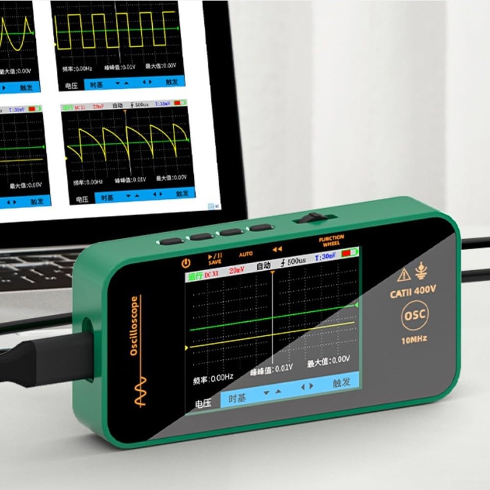 Tragbares digitales Oszilloskop, 10 MHz, 48 MSa/s, Abtastrate 8,1 cm, TFT-Display, 1200 mAh Akku, für Auto-Audio-Elektronik-Diagnose, Grün