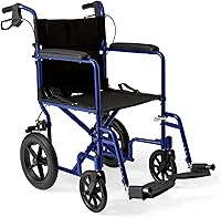 Vista 1 de Medline Silla de ruedas de transporte plegable ligera con frenos de mano y ruedas de 12 pulgadas, marco azul, tapicería negra