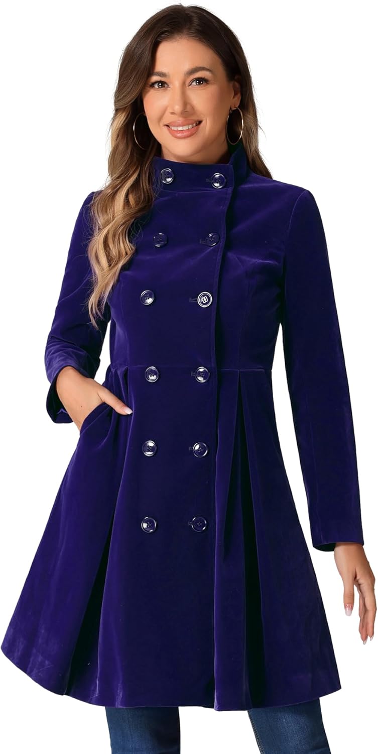 Allegra K Velvet Coat for Women's Steampunk Swing A-Line Double Breasted Christmas Vintage Winter Coats