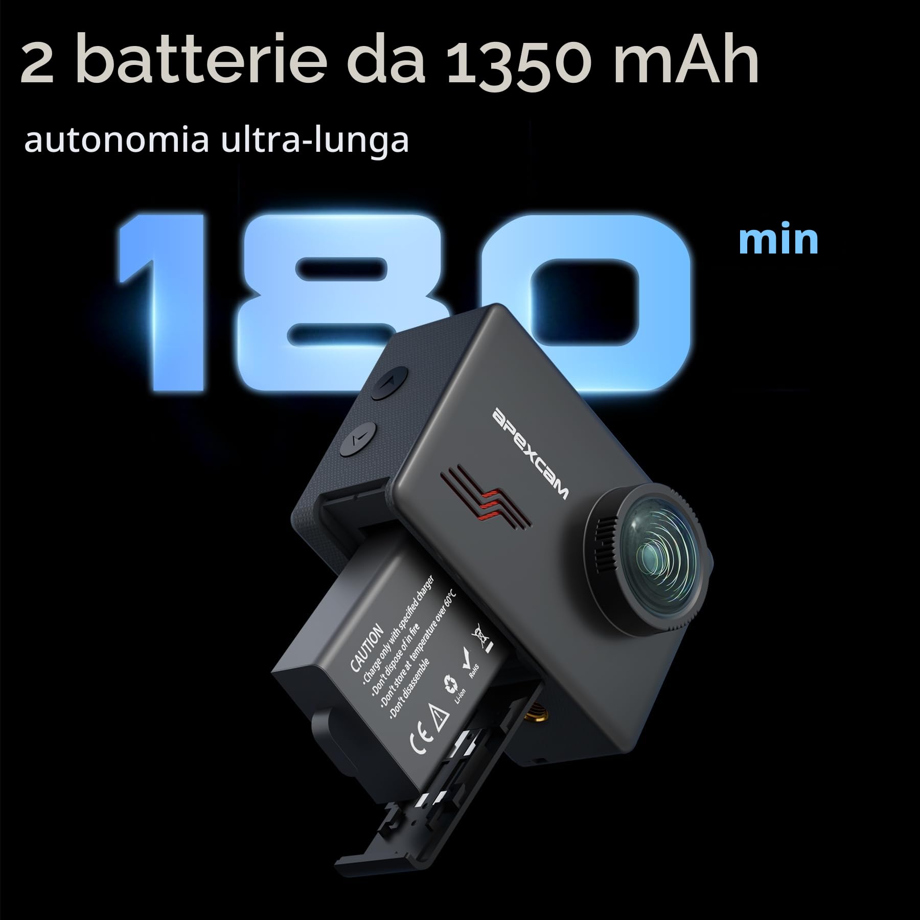 Apexcam Nuova M80PRO Action Cam 4K 64MP EIS Touch Screen Con 128GB Scheda Fotocamera Sportiva Impermeabile Fotocamera Subacquea 40M 8X Zoom e 2 * 1350 Batterie Kit Accessori