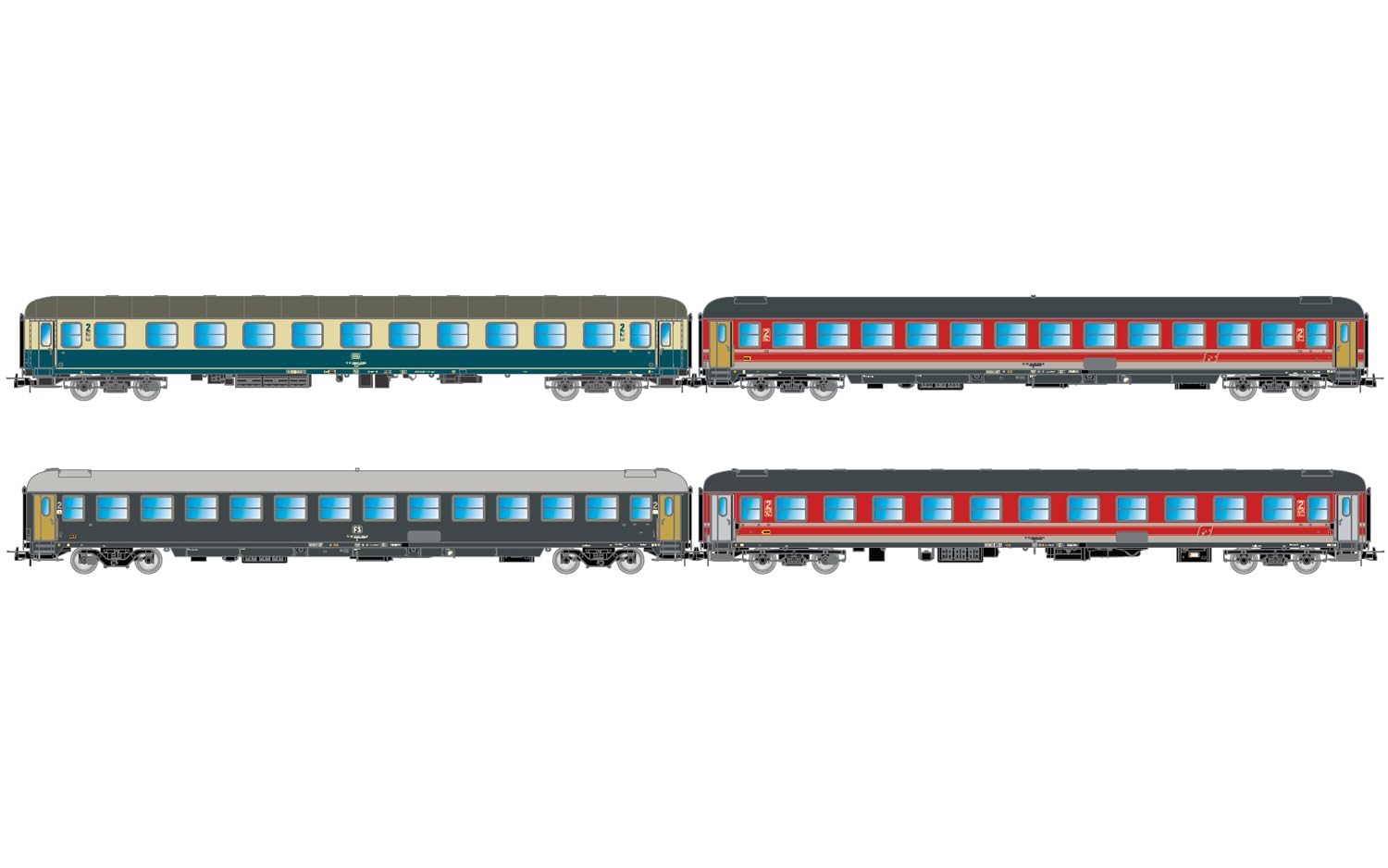 Rivarossi HR4375 FS/DB, 4-unit pack 2 "Italien-Holland-Express, DB Bcm 243 blue/beige, FS UIC-X 2nd cl. red/grey, FS UIC-X 2nd cl. grey + FS UIC-X '68 couchette red/, ep. V Passenger Coaches