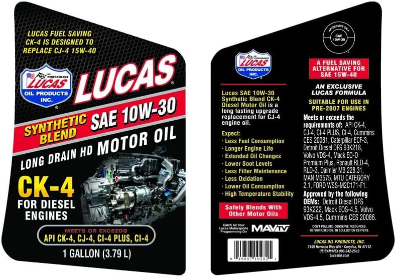 Lucas Oil 10282 Synthetic Blend SAE 10W-30 CK-4 Diesel Oil - 1 Gallon (Pack of 4)
