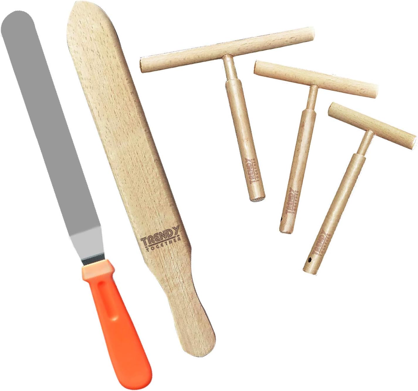 Crepe Spreader & Spatula Set - 5 Piece Wooden Natural Beechwood and Stainless Steel Spreader - (7", 5", 3.5" Spreaders and (2) 14" Spatulas)