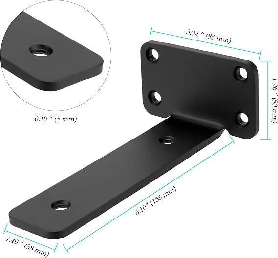 6 Pack Industrial Floating Shelf Bracket, 6 Inch(15 cm) Wall Mounted Black Shelf Brackets, 5mm Thick Metal L-Shape Brackets for Shelves Support