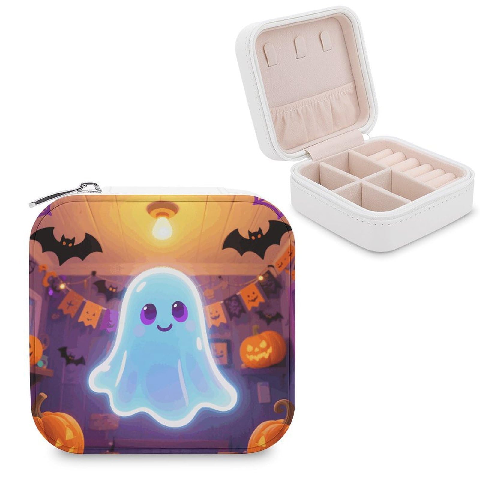 VstaDank Cool Soft Halloween Ghost Jewelry Box for Women Jewelry Organizer Storage Case with Zipper Mini Travel Jewelry Case Cute Trinket Organizer Leather Portable Jewelry Storage Box