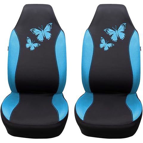 Flying Banner Butterfly car seat Covers ful Set Fashion Universal Lady Woman Female Rear Bench Split Colorized (2 Fronts, Mint Blue)