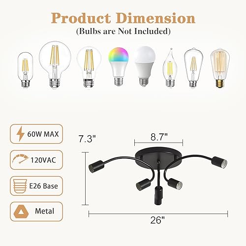 Miniatura 6 de ABEAJAT Candelabro Sputnik moderno negro, 6 luces de techo semiempotradas con base E26, lámpara de techo industrial vintage de mediados de siglo