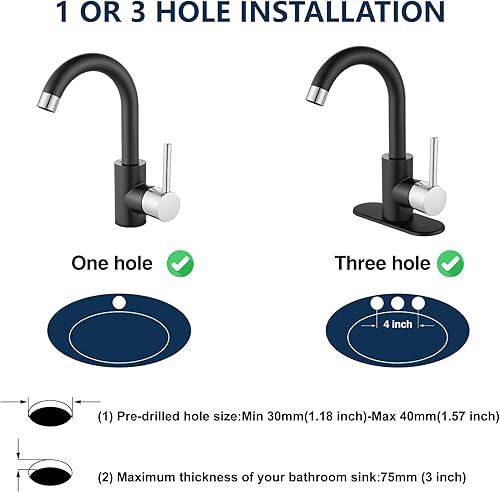 Miniatura 2 de Midanya Grifo de fregadero de baño, barra de 1 o 3 agujeros, grifo de fregadero de cocina de un solo mango, boquilla giratoria de 360 con drenaje