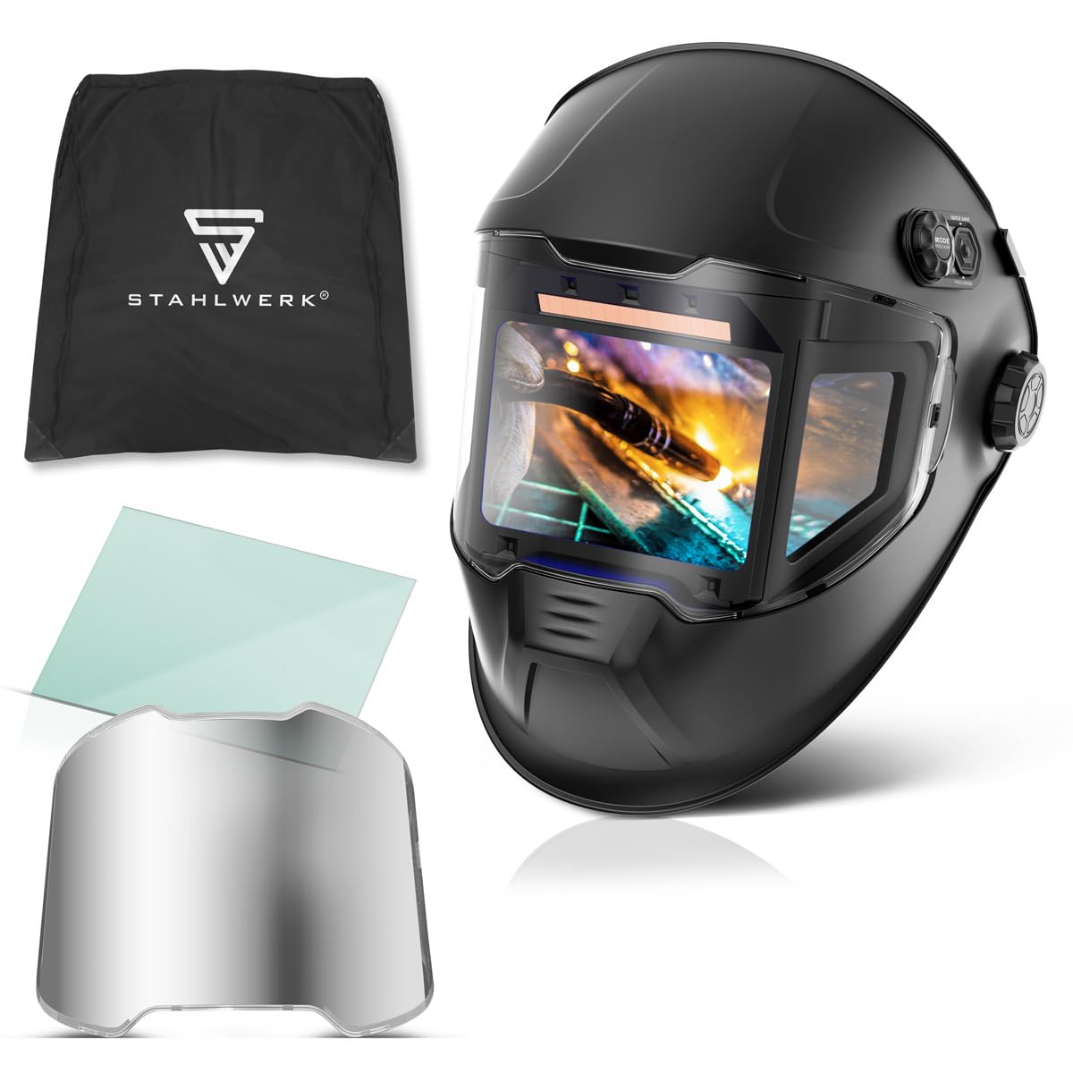 STAHLWERK Casco de Soldadura automático 3 en 1 Split – True Colour, oscurecimiento automático DIN 4-14, Clase óptica 1/1/1/1, Memoria de Trabajos, Campo de visión de 180° 116 x 81 mm, máscara