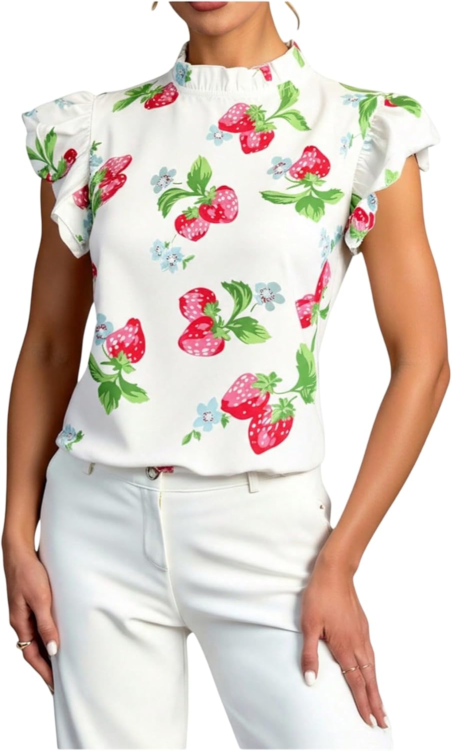 Women's Cute Graphic Ruffle Sleeve Blouse Summer Stand Collar Dressy Casual Tops