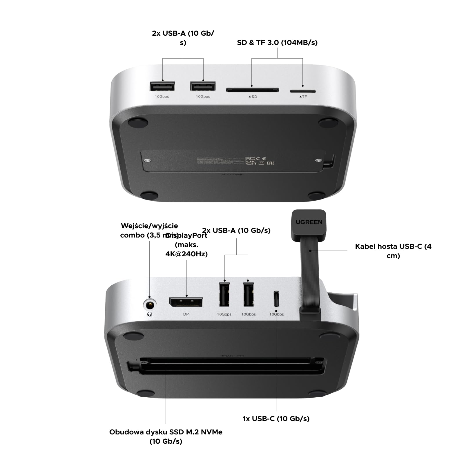 UGREEN Mac Mini M4 dok z 4K DisplayPort do konfiguracji z dwoma monitorami, portami USB 10 Gb/s, dyskiem SSD M.2 NVMe, czytnikiem kart SD/TF i gniazdem audio 3,5 mm Kompatybilny z Mac Mini M4/M4 Pro