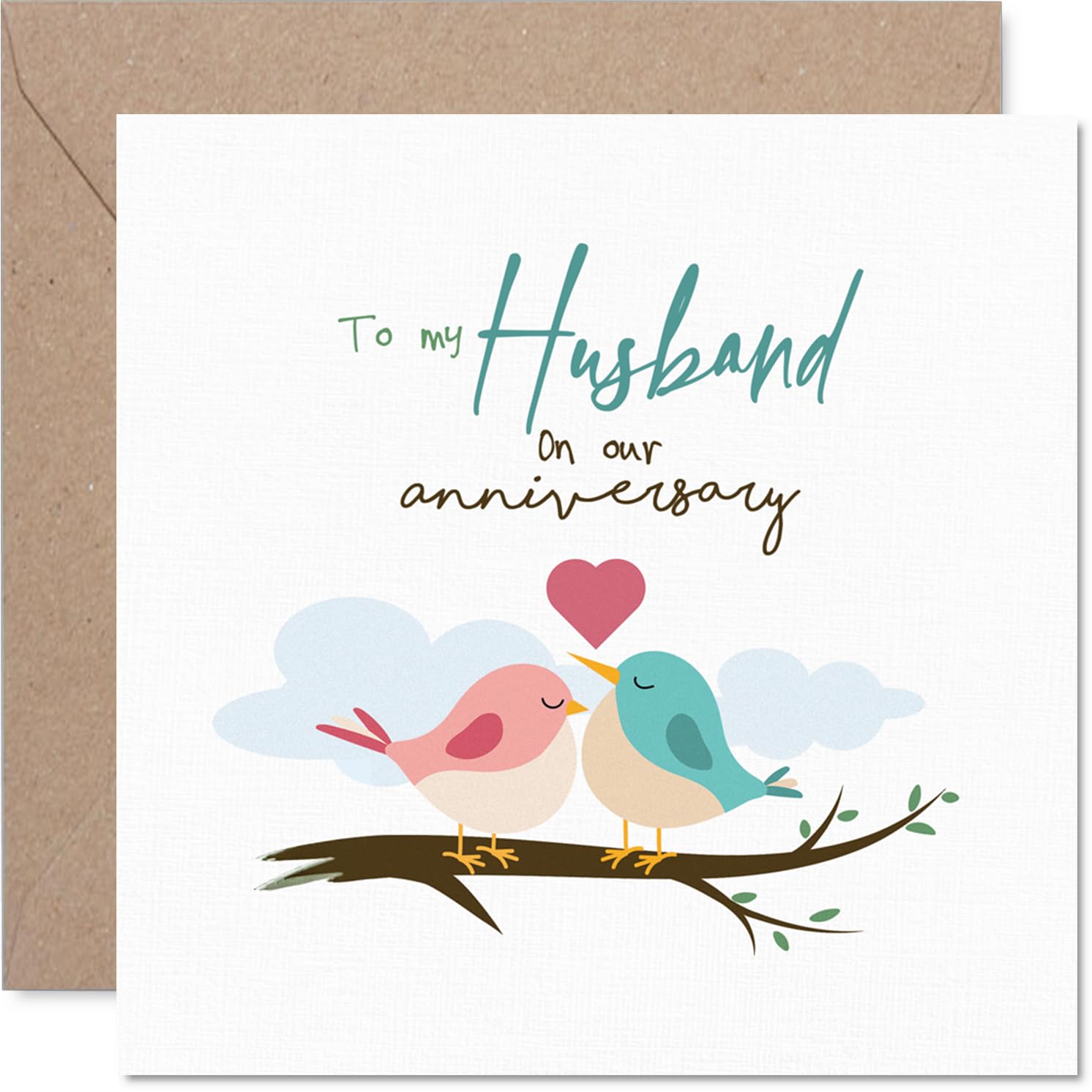 Romantic Anniversary Card for Husband - Two Lovebirds on a Branch - Sweet Anniversary Design in Pink, Blue and Green - 145mm Square, Envelope Included