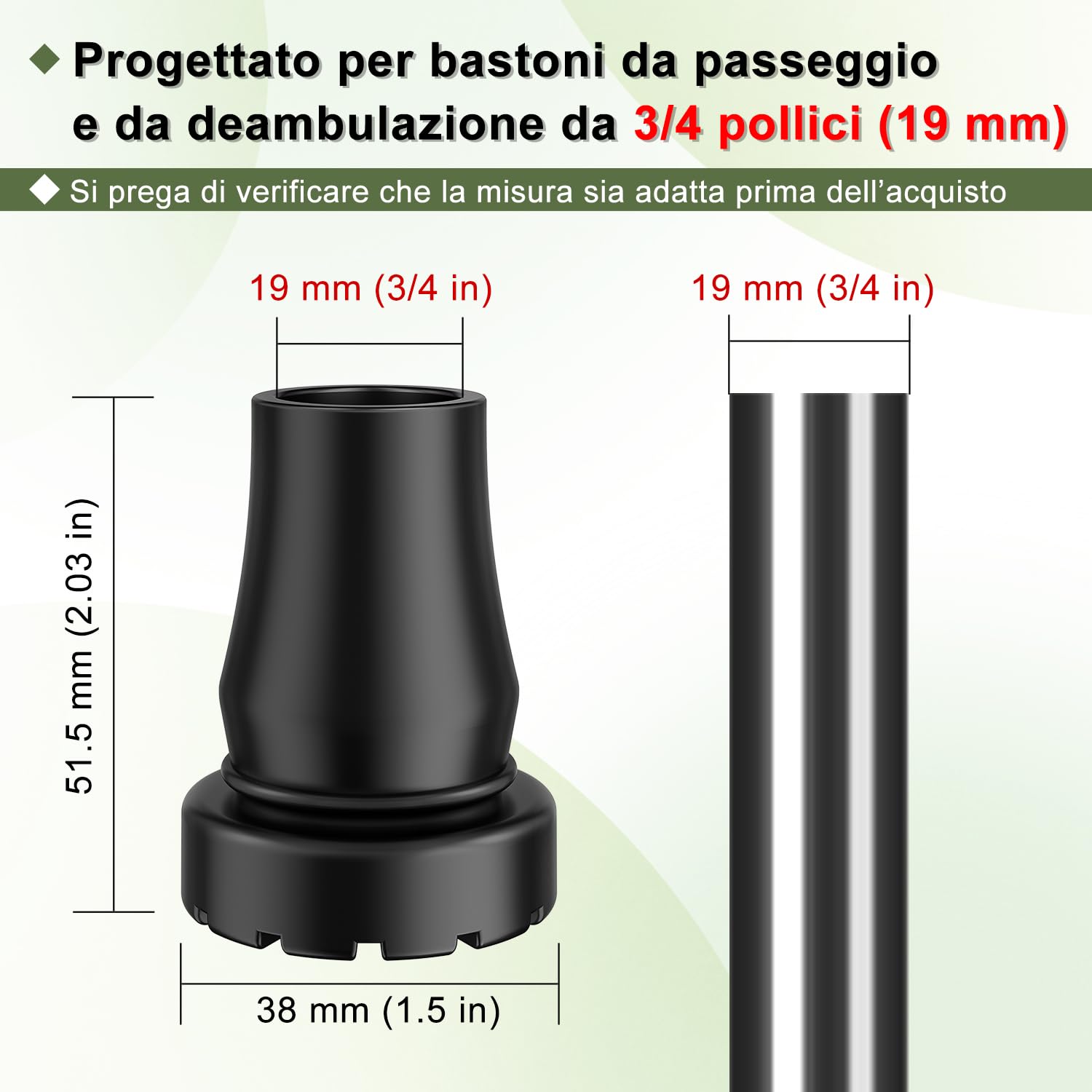 supregear 19 mm Punte, Tappi per Piedi Antiscivolo Neri Ad Assorbimento D'urto, Resistenti, in Gomma Sostitutiva con Inserto Metallico Rinforzato per Passeggio E Bastoni Da Passeggio, 6 pcs