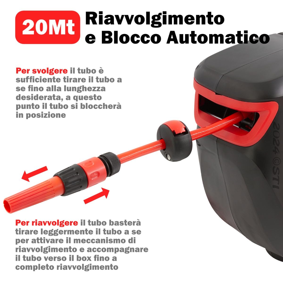 STI Avvolgitubo automatico da Giardino 20m da Parete con Box e fissaggio a parete Tubo acqua PVC 3 strati 1/2" irrigazione da muro girevole 180°, con lancia e attacchi rapidi