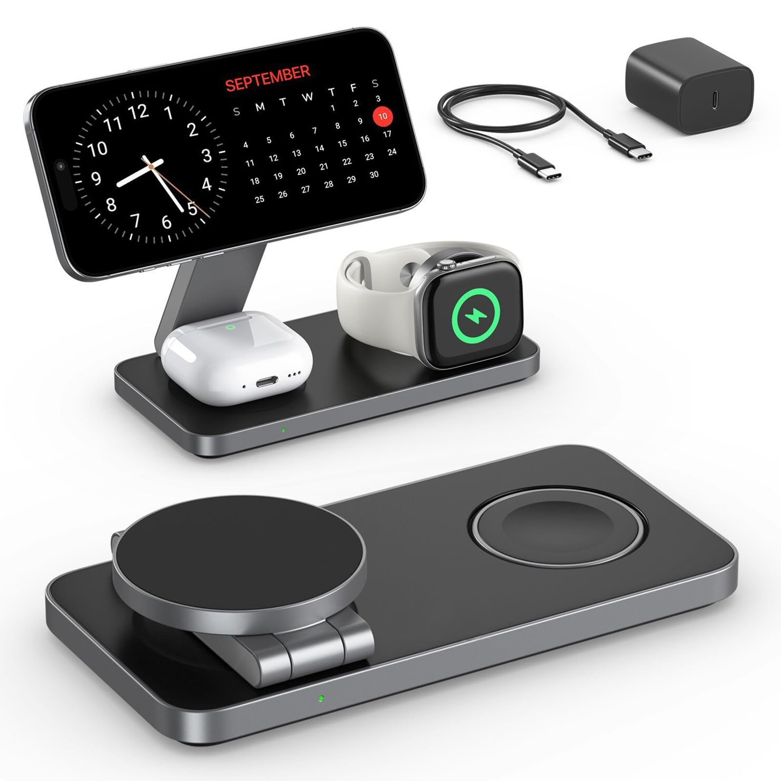 Caricabatterie per telefoni cellulari, stazione di ricarica 3 in 1 per più dispositivi, supporto di ricarica magnetico da 15 W, supporto di ricarica wireless
