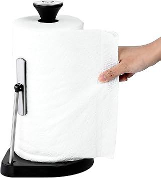 Single Tear Paper Towel Holder Countertop, Standing Paper Towel Holder Stainless Steel with Tension Arm, Easy to Tear Paper Roll Dispenser Stand for Kitchen Countertop & Bathroom
