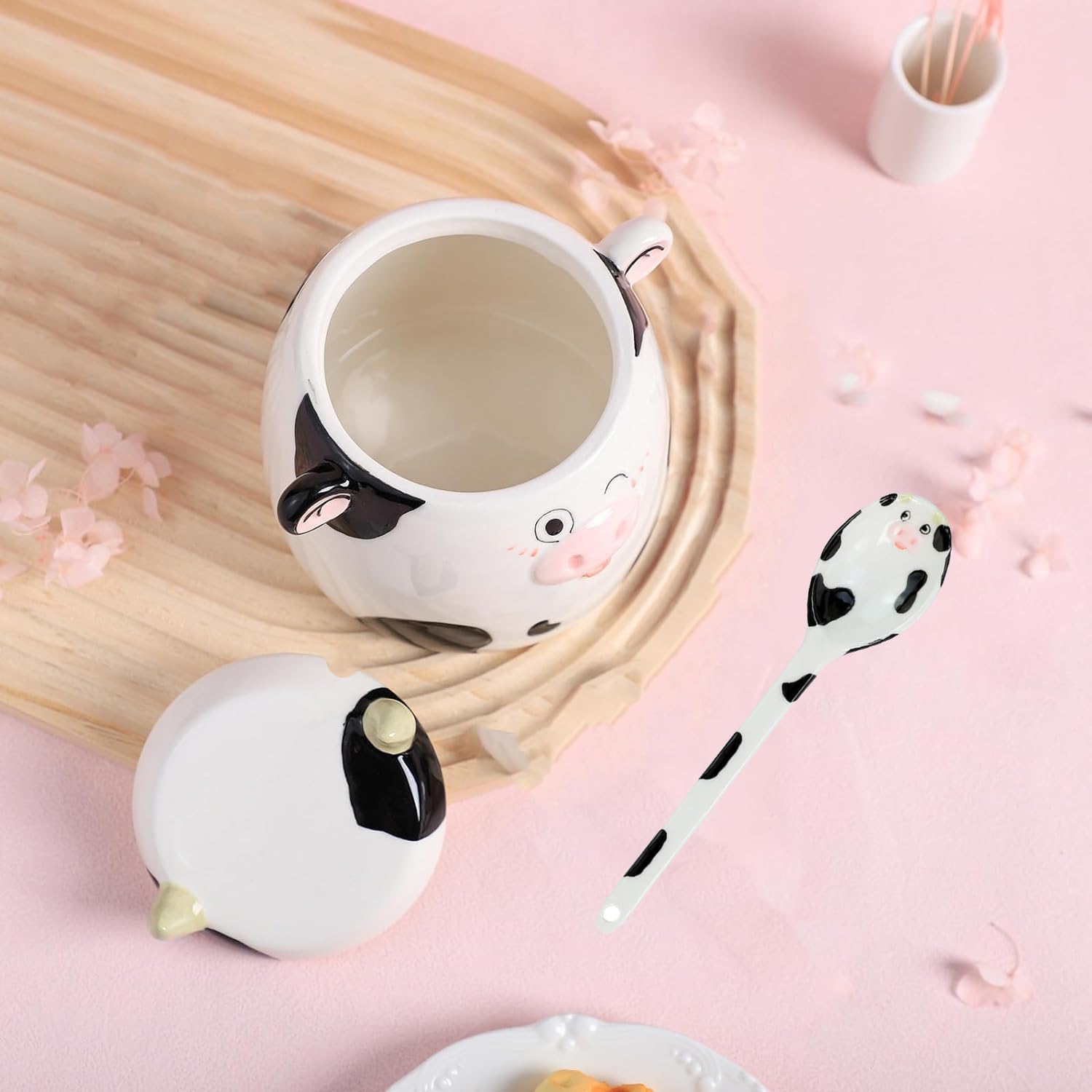 Cute Cow Pattern Ceramic Sugar Bowl, Cow Shaped Salt Bowl with Lid Spoon Set, 15 OZ