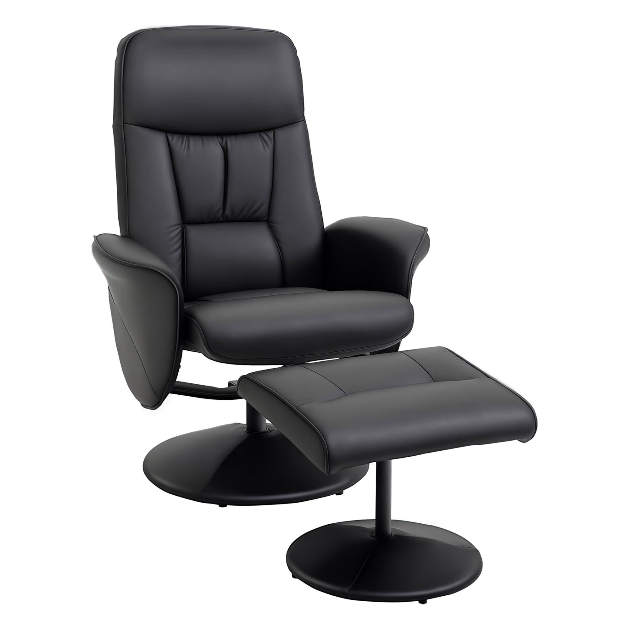 HOMCOM Sillón de Salón con Otomana Reposapiés Tapizado en PU Sillón Relax Reclinable hasta 145° y Giratorio 360° con Respaldo Ajustable para Salón Dormitorio Oficina 76x81x101 cm Negro