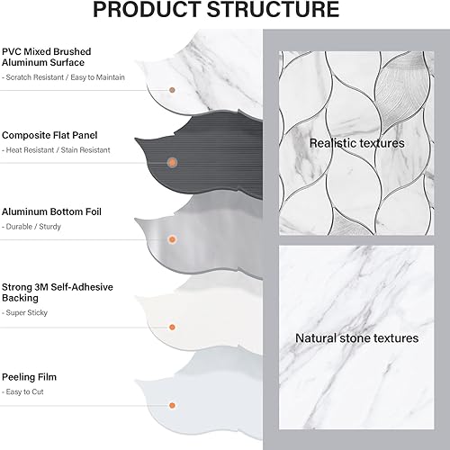 Miniatura 5 de Azulejo autoadhesivo de 10 hojas para cocina, mosaico autoadhesivo en forma de hoja de PVC, azulejos de pared de metal mixto con huecos (hoja beige)